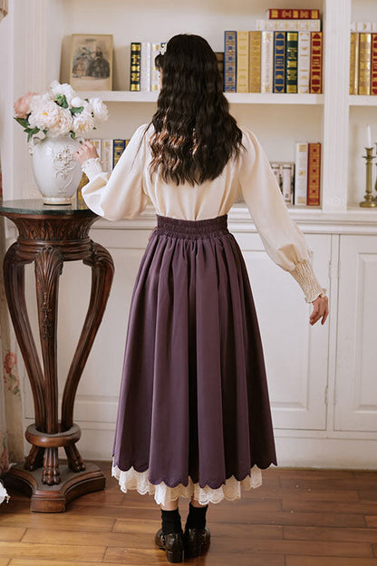 Color High Waisted Lace Wave Hem Two Pieces Classic Lolita Dress