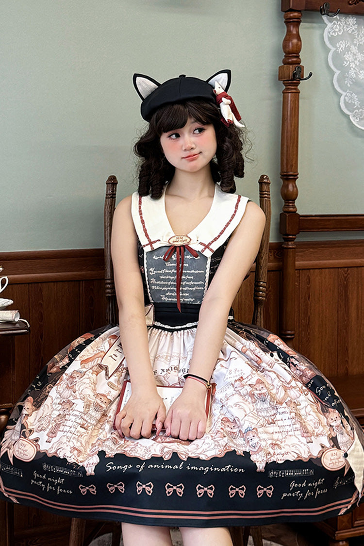 Black [fox Band] Print Square Collar Bowknot Classic Lolita Jumper Dress