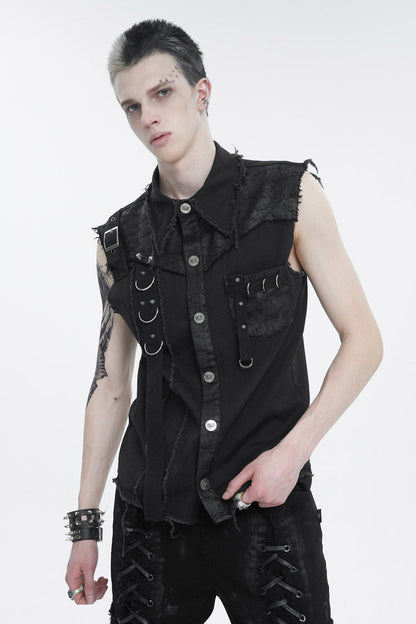 Black Sleeveless Buckle Splice Unedged Punk Vest