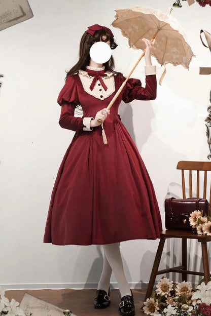 Wine Red [new Year] Stand Collar Long Sleeves Ruffled Bow Classic Lolita Dress