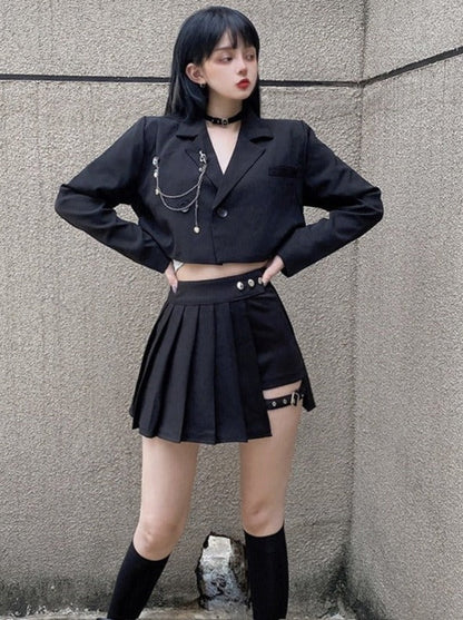 Jacket With Chain Strap + Split Metal Buckle Skirt