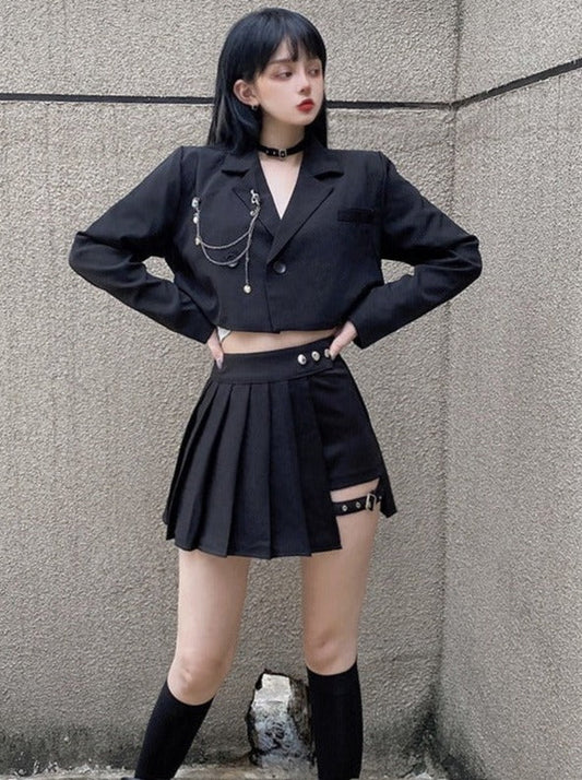 Jacket With Chain Strap + Split Metal Buckle Skirt