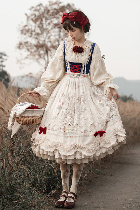 Ivory [ode to Plenty] Berries and Birds Print Ruffle Bowknot Velvet Classic Lolita Breast Support Jsk Dress