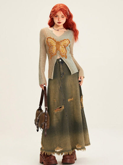 Retro Butterfly Patch Embroidery V-neck Slim Knit + Distressed Denim Long Skirt