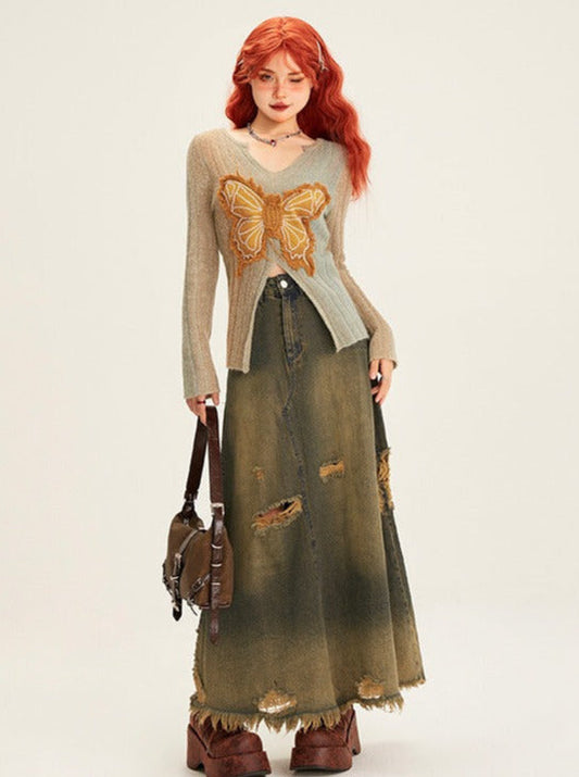 Retro Butterfly Patch Embroidery V-neck Slim Knit + Distressed Denim Long Skirt