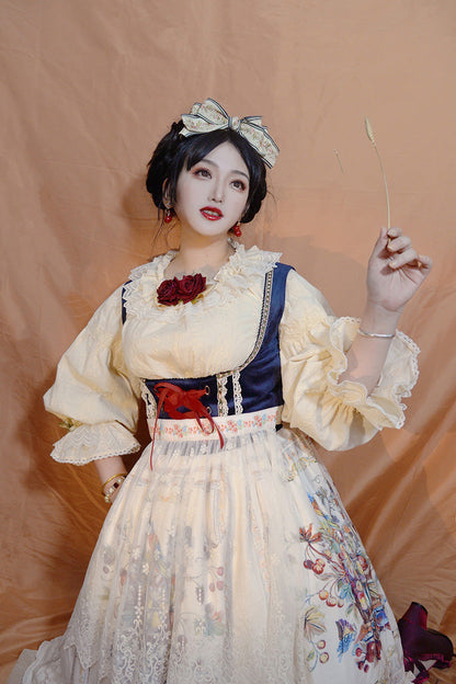 Ivory [ode to Plenty] Berries and Birds Print Ruffle Bowknot Velvet Classic Lolita Breast Support Jsk Dress