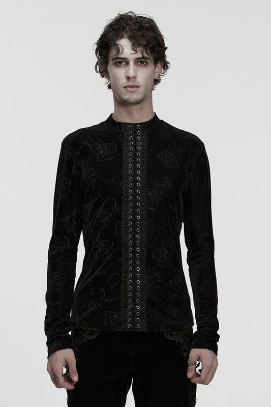 Black Stand Collar Long Sleeves Rose Embossed Lace-up Zippered Gothic Top