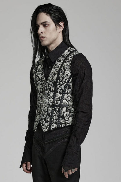 White/black Contrast Sleeveless Skulls Print Jacquard Hollow Gothic Vest
