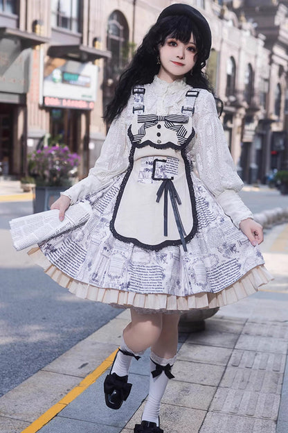 White Berlin Daily Print Removable Apron Classic Lolita Strap Dress