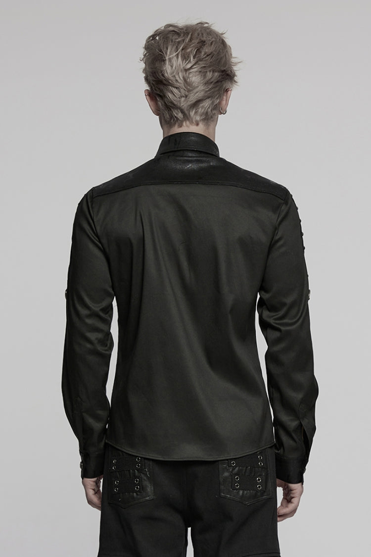 Black Lapel Collar Long Sleeves Stitching Mesh Punk Blouse