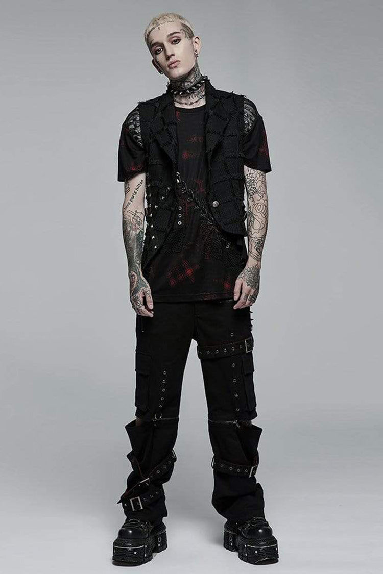 Black Gothic Asymmetrical Decadence Hairy Flu Back Cutout Design Leather Strip Metal Rivets Vest