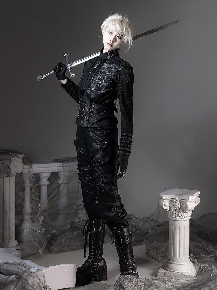 [pre-order Deadline: June 8] Phantom Knight Dark Gothic Prince Waist Button Detail Black Top