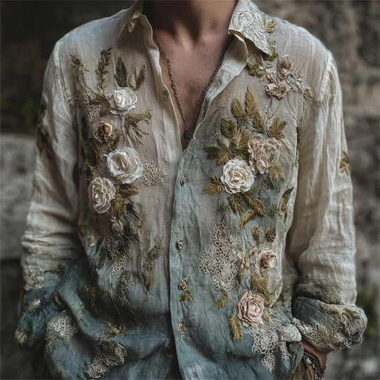 Men's Vintage Roses Lace Fiber Art Gradient Linen Shirt elevenforest