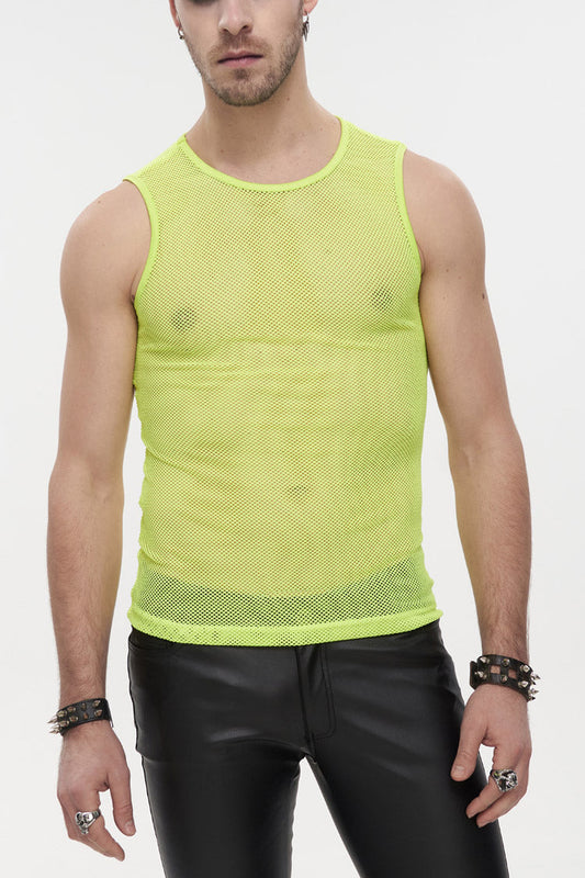 Yellow Elasticity Perspective Rhombus Net Yarn Sleeveless Gothic T-shirt