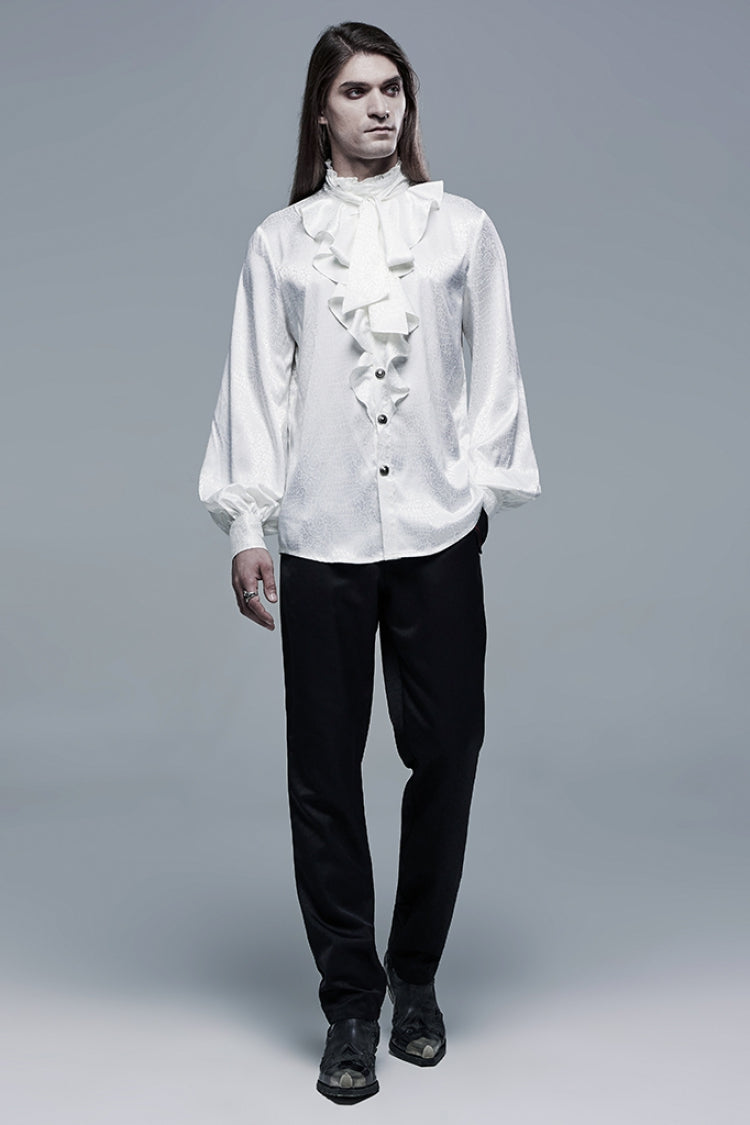 White Gothic Jacquard High Collar Front Chest Flounce Retro Metal Button Lantern Sleeve Shirt