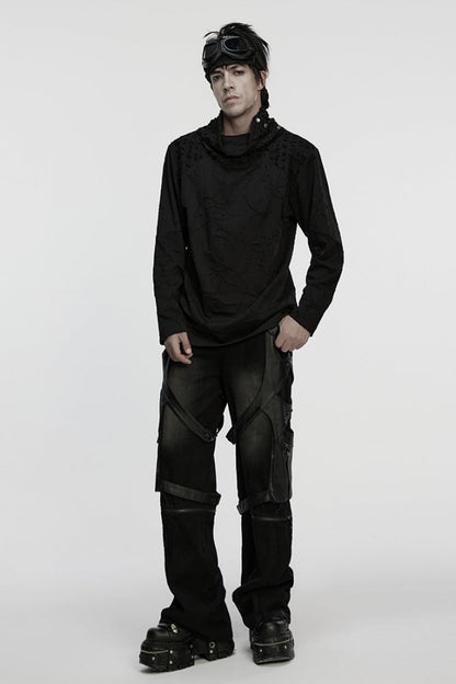 Black Stand Collar Long Sleeves Embroidered Ripped Studded Loose Punk T-shirt