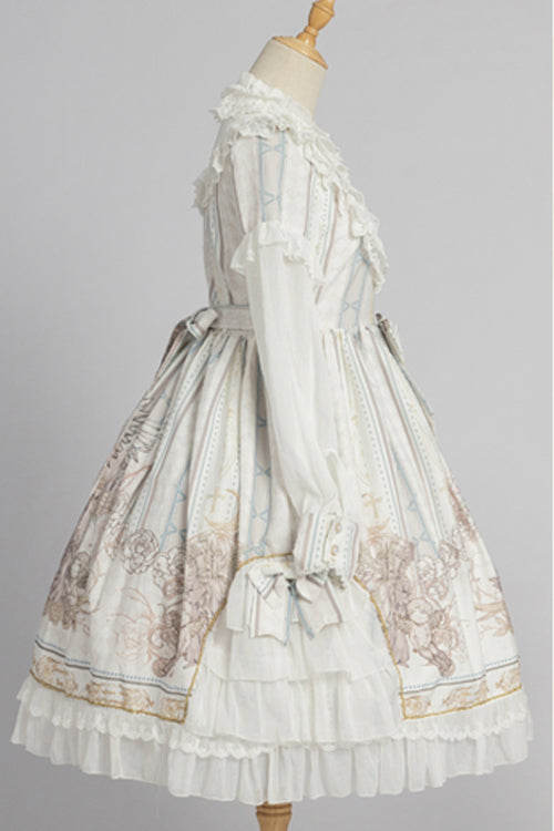 Round Collar Ruffled Long Sleeves Reunion World Print Classic Lolita Op Dress