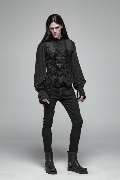 Black Retro Jacquard Front Woven Strap Metal Button Gothic Vest