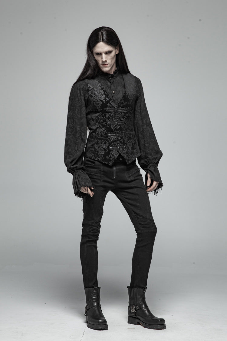 Black Retro Jacquard Front Woven Strap Metal Button Gothic Vest