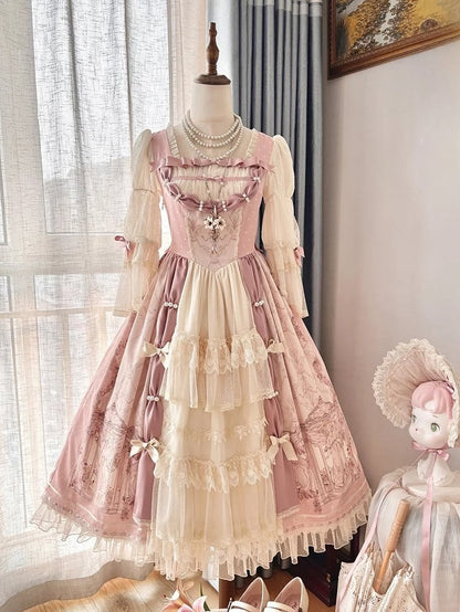 [pre-order Deadline: April 26] Rococo Antique Lace Tiered Ribbon Pink Lolita Dress + Bonnet