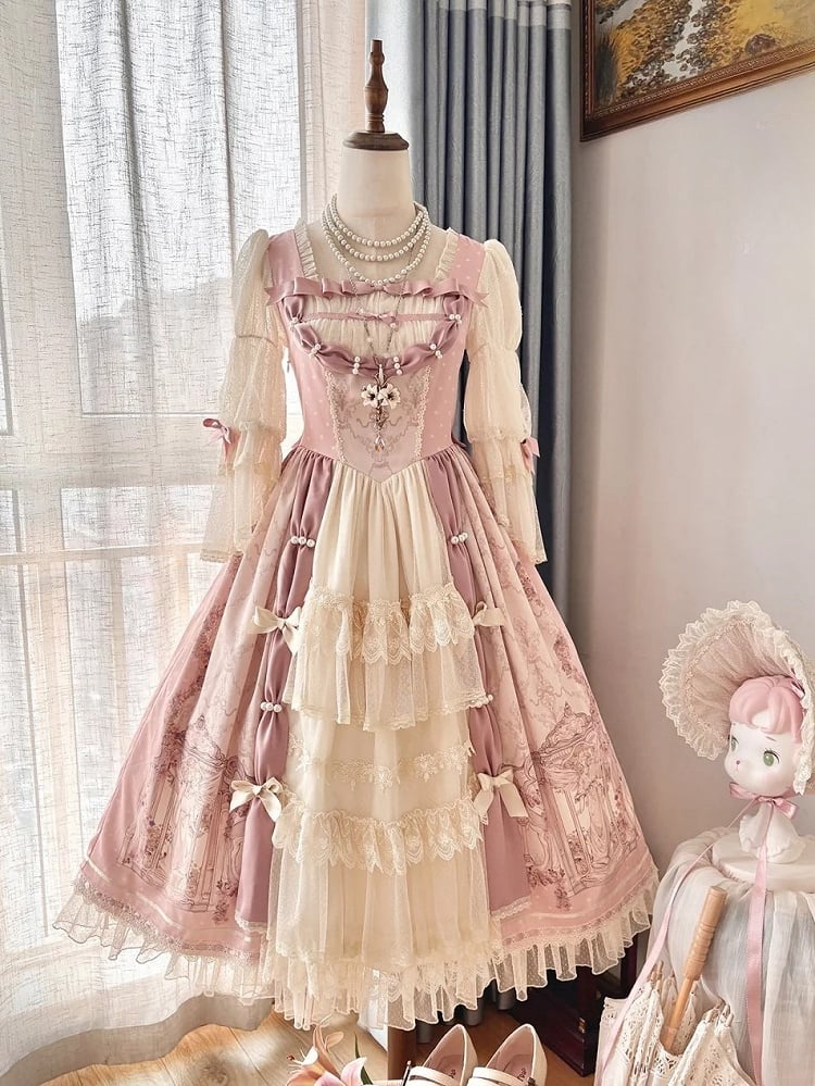 [pre-order Deadline: April 26] Rococo Antique Lace Tiered Ribbon Pink Lolita Dress + Bonnet