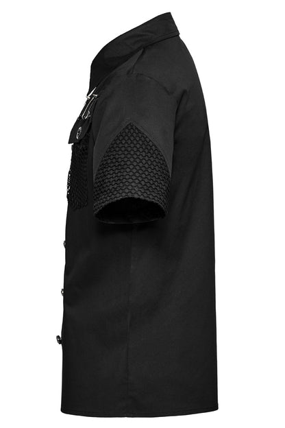 Black Lapel Collar Short Sleeves Mesh Stitching Punk Blouse