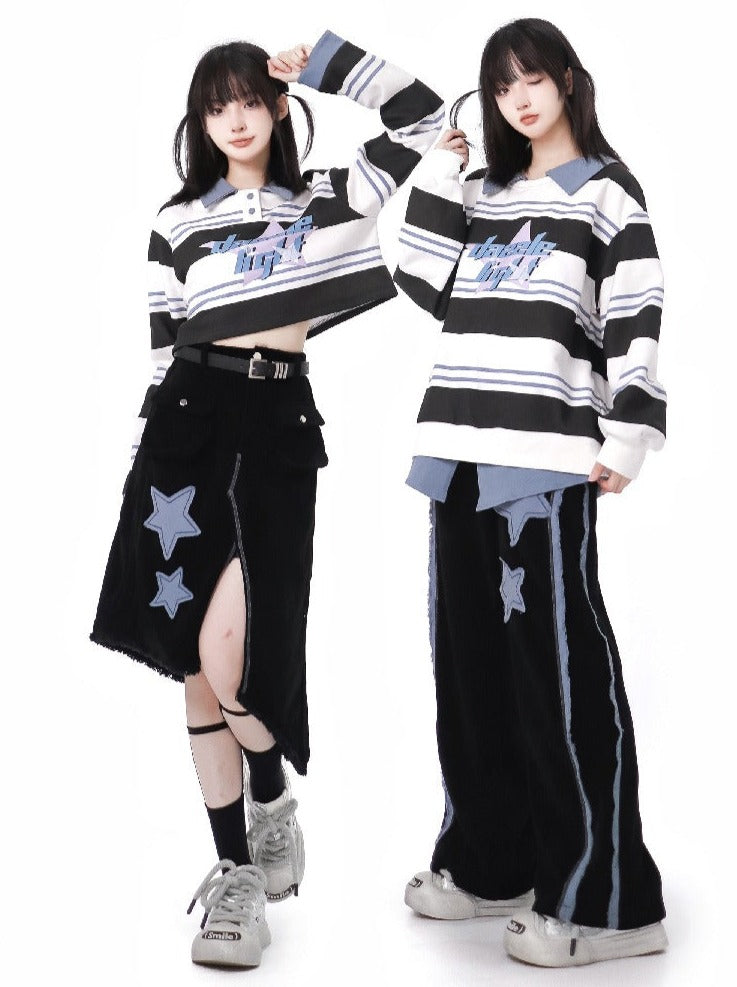Star Striped Top + Asymmetric Skirt + Loose Long Pants