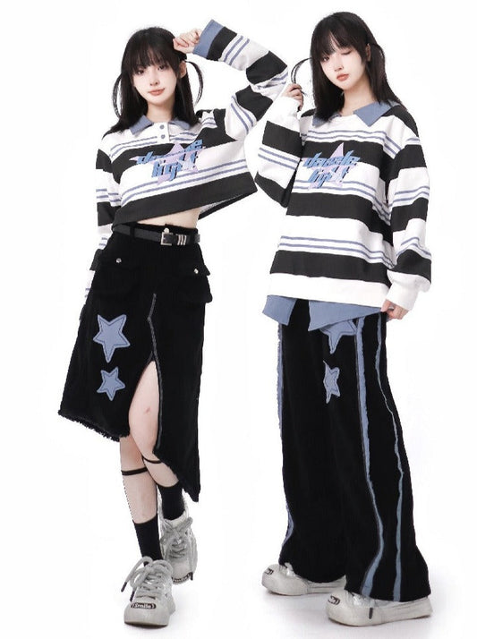 Star Striped Top + Asymmetric Skirt + Loose Long Pants