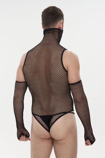Black Transparent Mesh Super High Collar Masked Glove Thong Punk Onesie