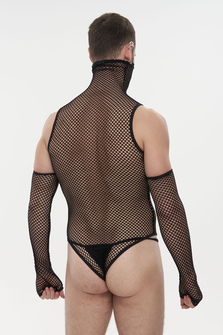 Black Transparent Mesh Super High Collar Masked Glove Thong Punk Onesie