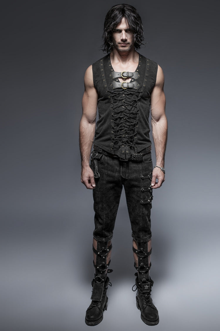 Black V Collar Sleeveless Metal Rings Cross Lace-up Steampunk Vest