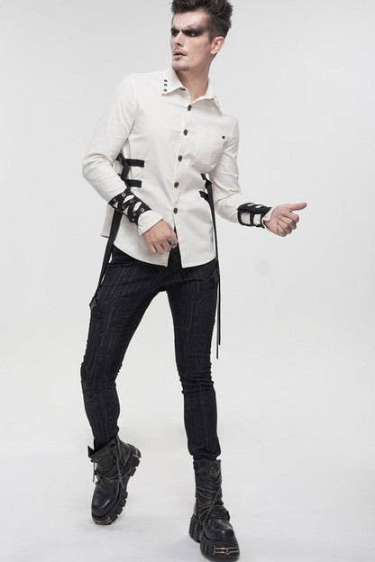 White Punk Nylon Strap Metal Buckle Decoration Long Sleeve Elasticity Thick Shirt