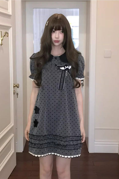 Grey [little Star Wish] Doll Collar Short Sleeves Polka Dot Printed Bow Classic Japanese Lolita Dress