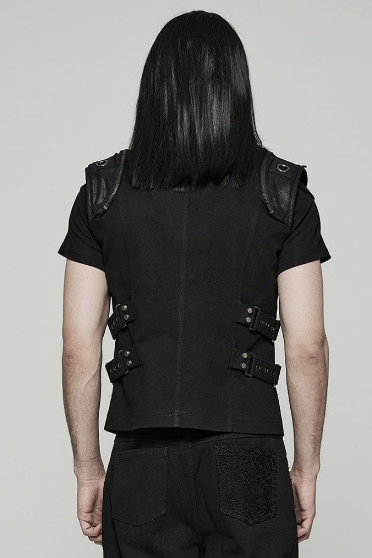 Black Stand Collar Side Waist Webbing Decorative Stitching Steampunk Vest