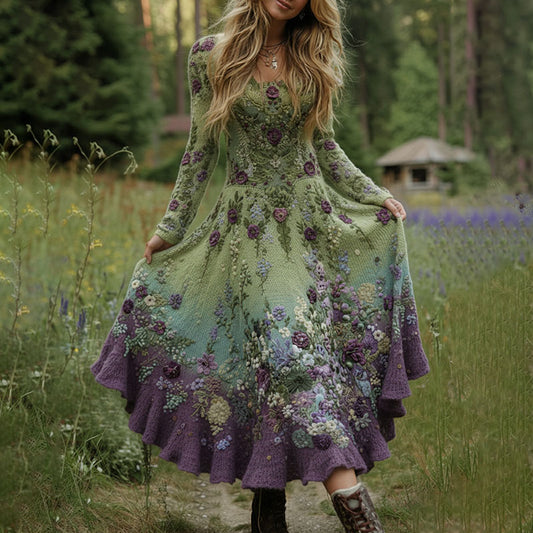 Classy Gradient Purple Lavender And Floral Art Cozy Knit Maxi Dress elevenforest