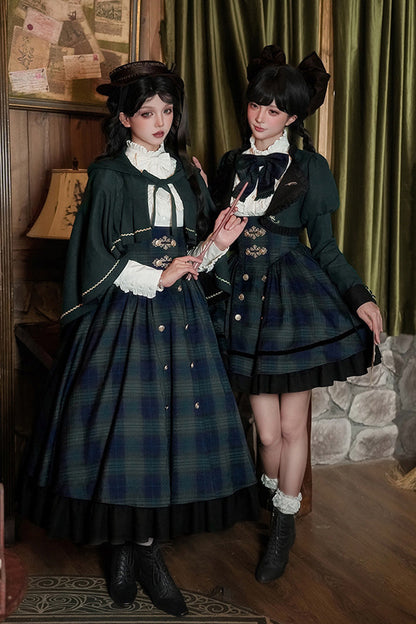 Blue/green [berlin's Letter] Double-layered Plaid Print Ruffle Bowknot Classic College Style Lolita Strap Dress Set 2 Versions