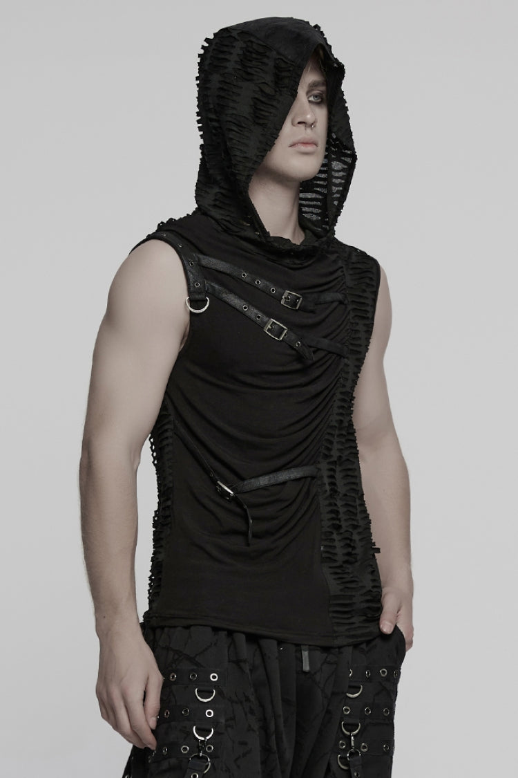Black Sleeveless Hooded Ripped Ruched Punk Vest