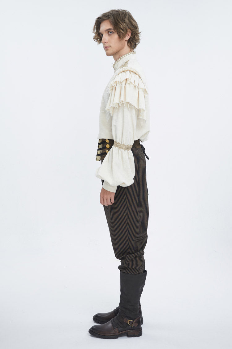 Beige Stand Collar Lantern Sleeves Multi-layer Ruffle Gothic Blouse