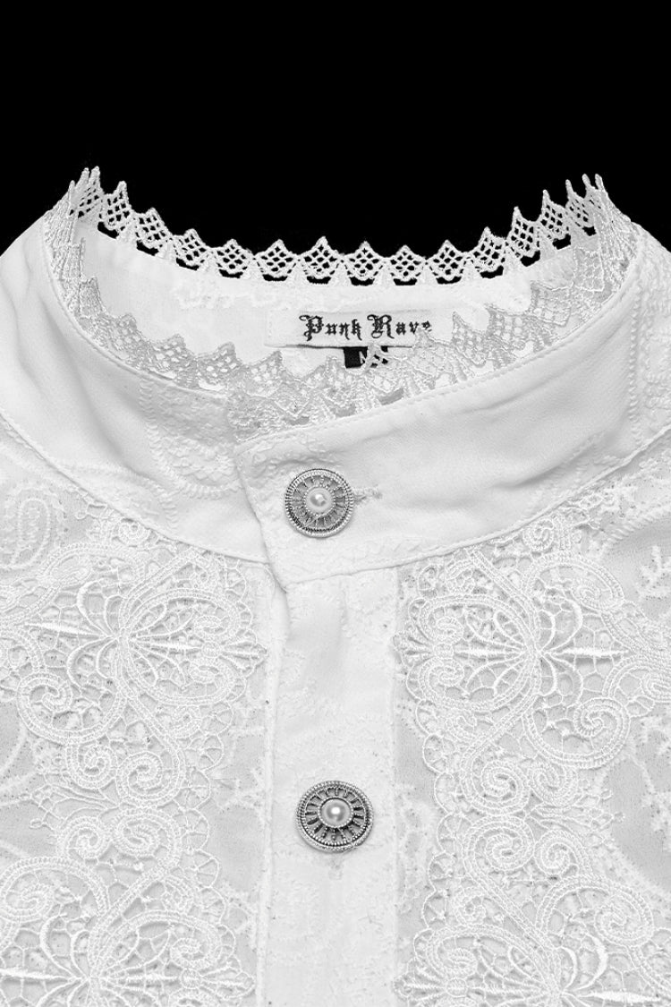 White Stand Collar Chiffon Long Sleeves Hollow Embroidery Gothic Blouse