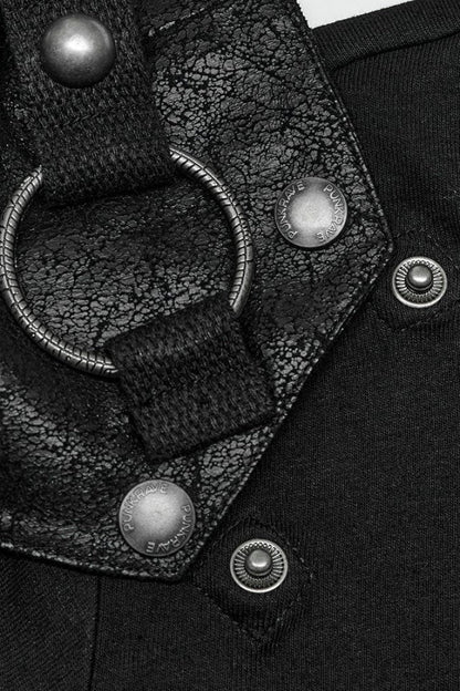 Black Short Sleeves Detachable Shoulder Pad Hollow Steampunk T-shirt