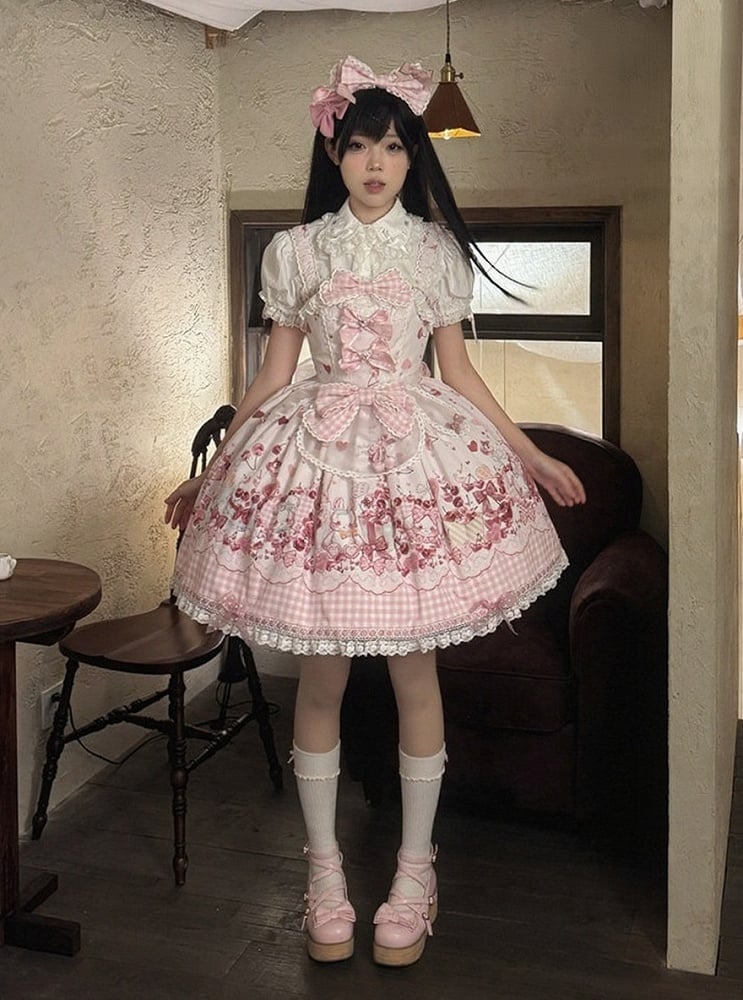 [pre-order Deadline: May 5] Pink Cherry Print Lace Ribbon Bunny Ear Apron Jsk Dress + Accessories