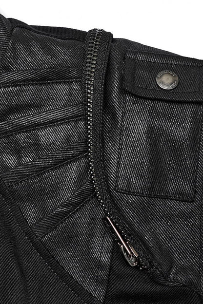 Black Stand Collar Side Waist Webbing Decorative Stitching Steampunk Vest
