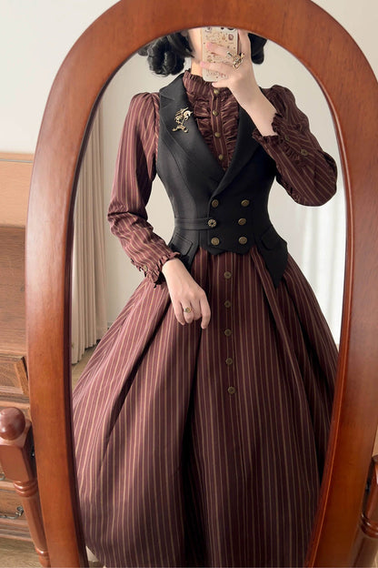 [forest Castle] Stand Collar Long Sleeves Striped Printed Ruffled Classic Lolita Dress 3 Colors