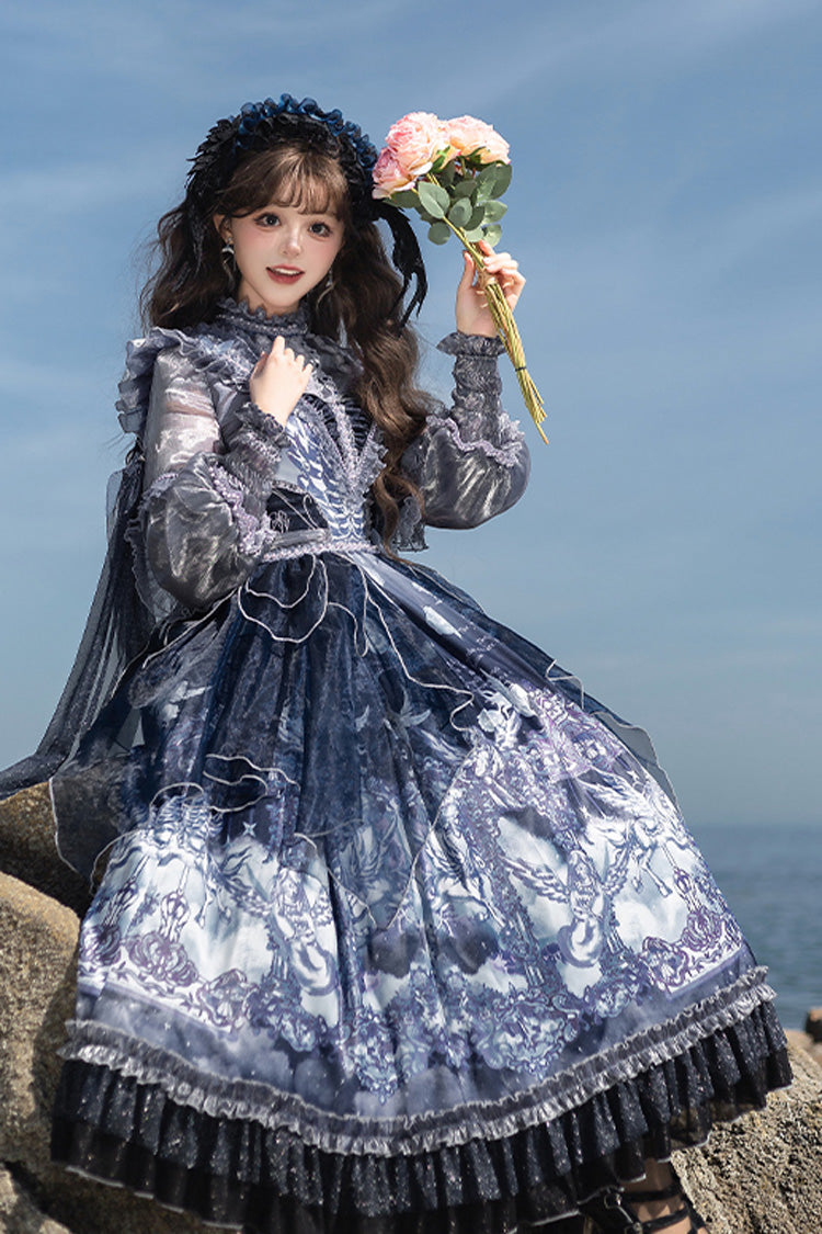 Blue [angel Garden] Print Ruffle Bowknot Asymmetric Classic Lolita Jsk Dress