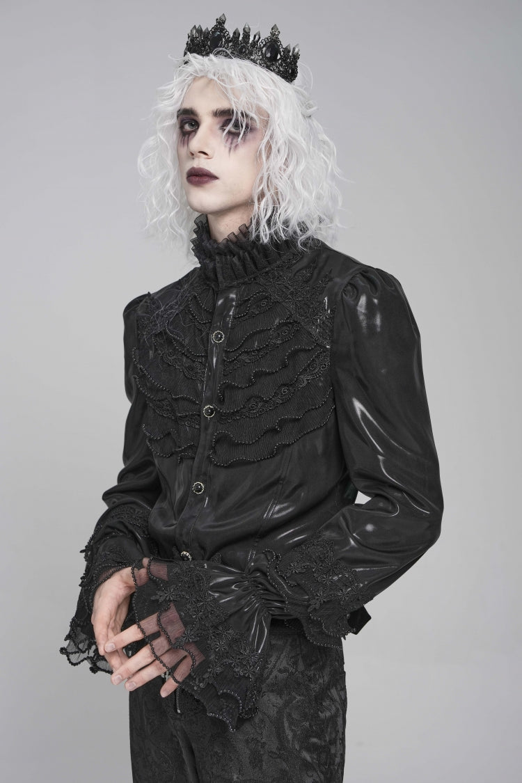 Black Stand Collar Long Puff Sleeves Embroidery Stitching Lace Gothic Blouse