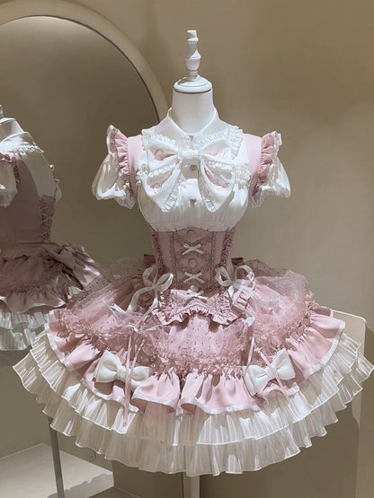 [order Deadline: May 12] Pink White Sweet Lolita Idol Ribbon Puff Sleeve Shirt + Corset Tulle Pull-up Jks Dress Set