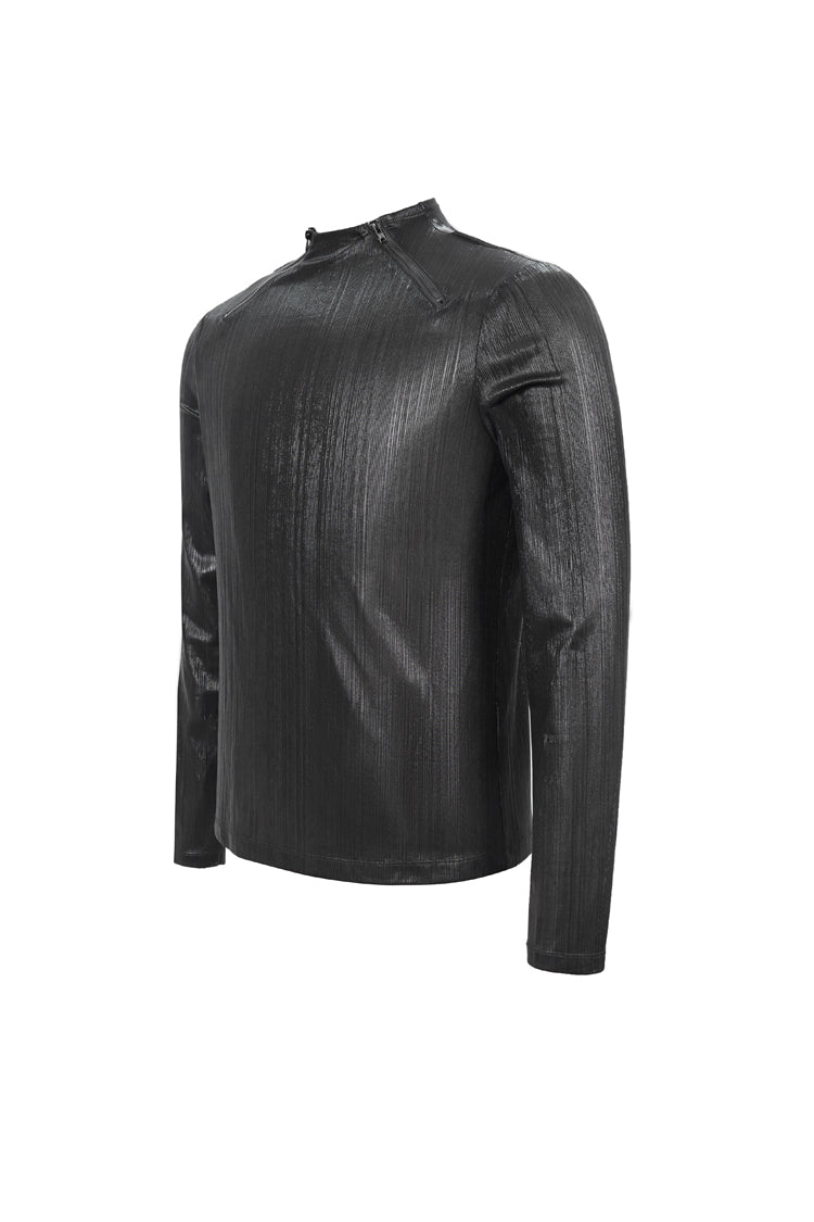 Black Zipper Neckline Long Sleeves Slim Steampunk Top
