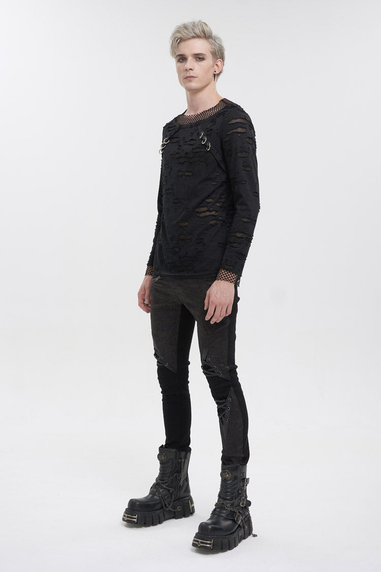 Black Diamond Mesh Irregular Hole Long-sleeved Punk T-shirt