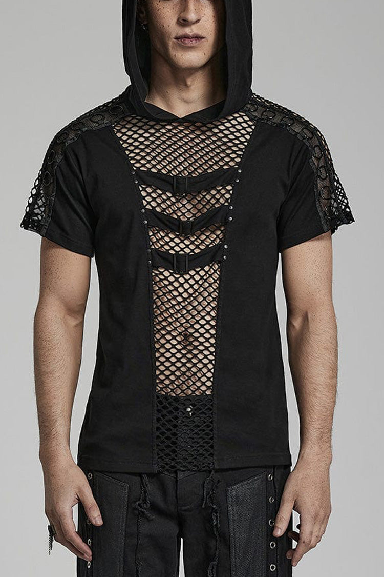 Black Short Sleeves Hollow Stitching Hooded Mesh Steampunk T-shirt