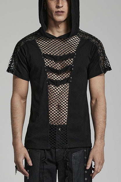 Black Short Sleeves Hollow Stitching Hooded Mesh Steampunk T-shirt